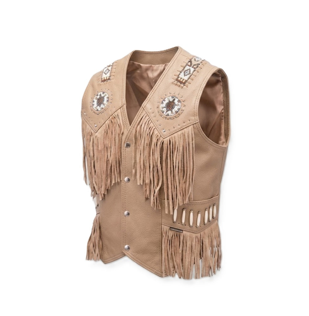 Beige leather vest with fringes and decorative elements on a white background