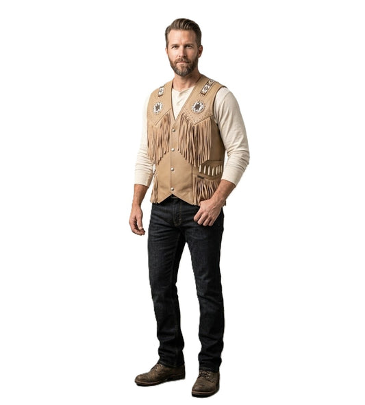 Man wearing a beige fringed vest with decorative elements on a white background