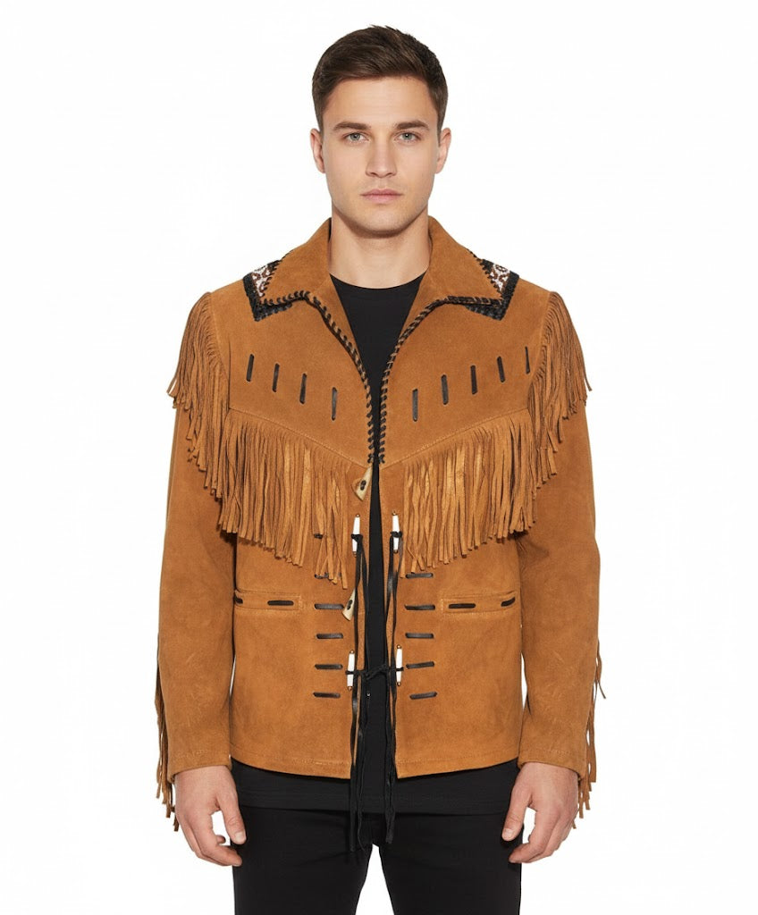 Man wearing a brown suede jacket with fringes on a white background