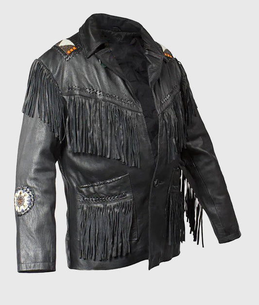 Western Black Leather Fringe Beaded Jacket LWJ361