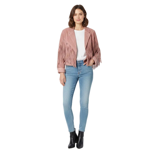 Pink leather fringe jacket wearing a model on a white background