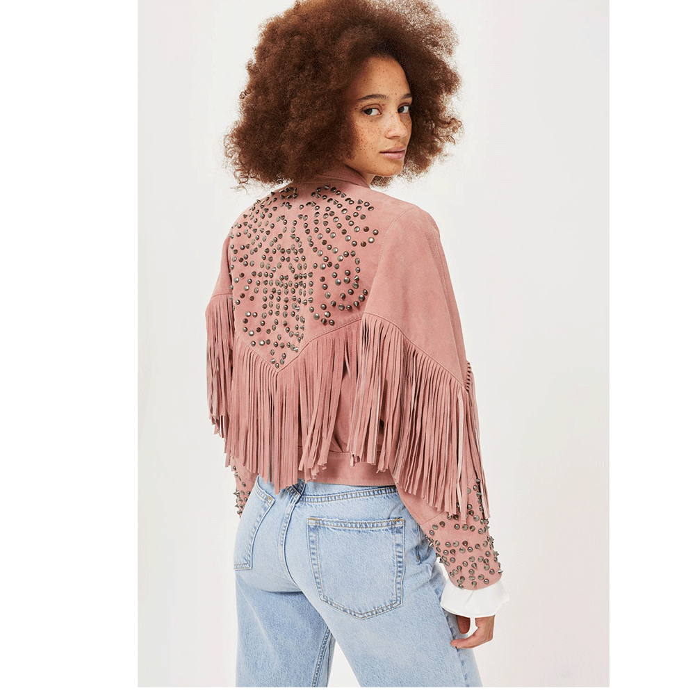Western Fringe Pink Suede Jacket for Women – Authentic Cowgirl Style WBK852