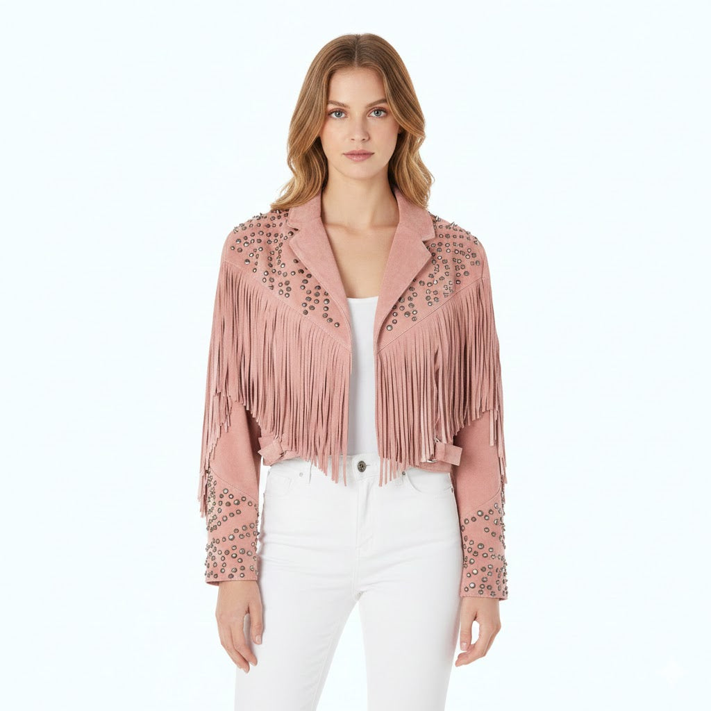 Pink leather fringe jacket wear a model on a white background