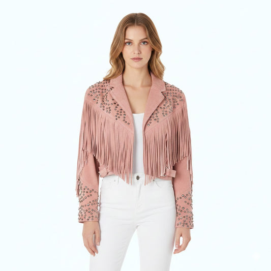 Pink leather fringe jacket wear a model on a white background