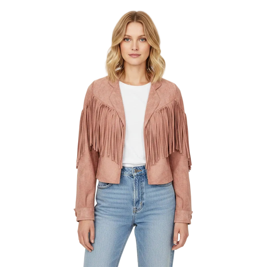 Pink leather fringe jacket wear a model on a white background