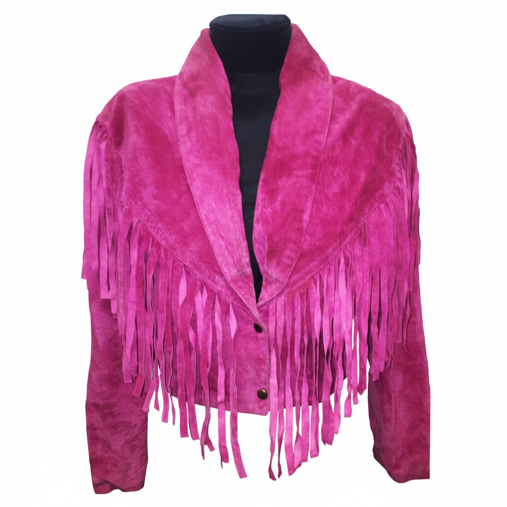Pink leather fringe jacket on a white background