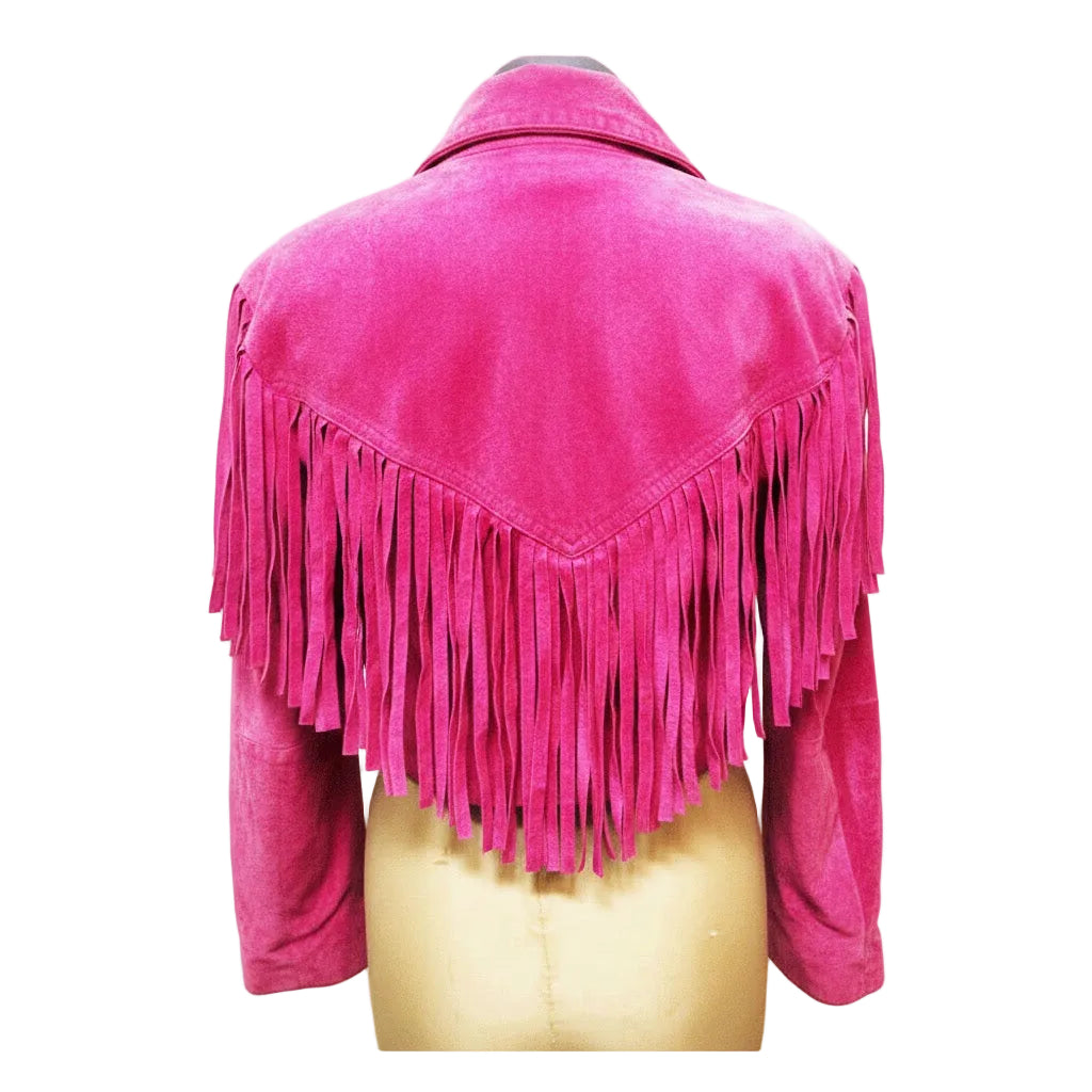 Pink fringed jacket on a mannequin against a white background