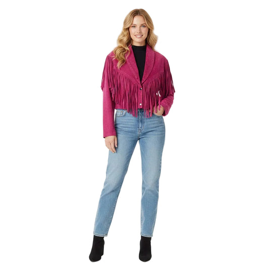 Pink leather fringe jacket wear a model on a white background