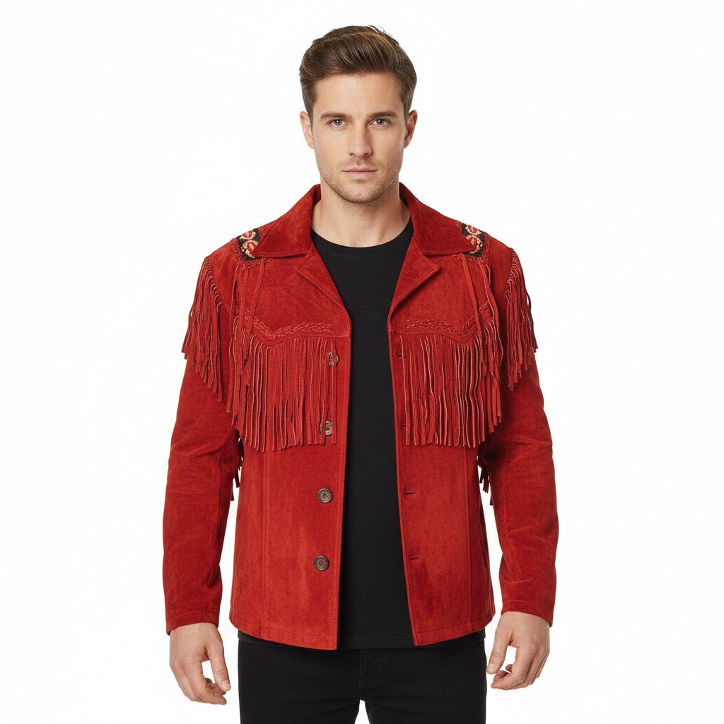 Man wearing a red fringed jacket on a white background