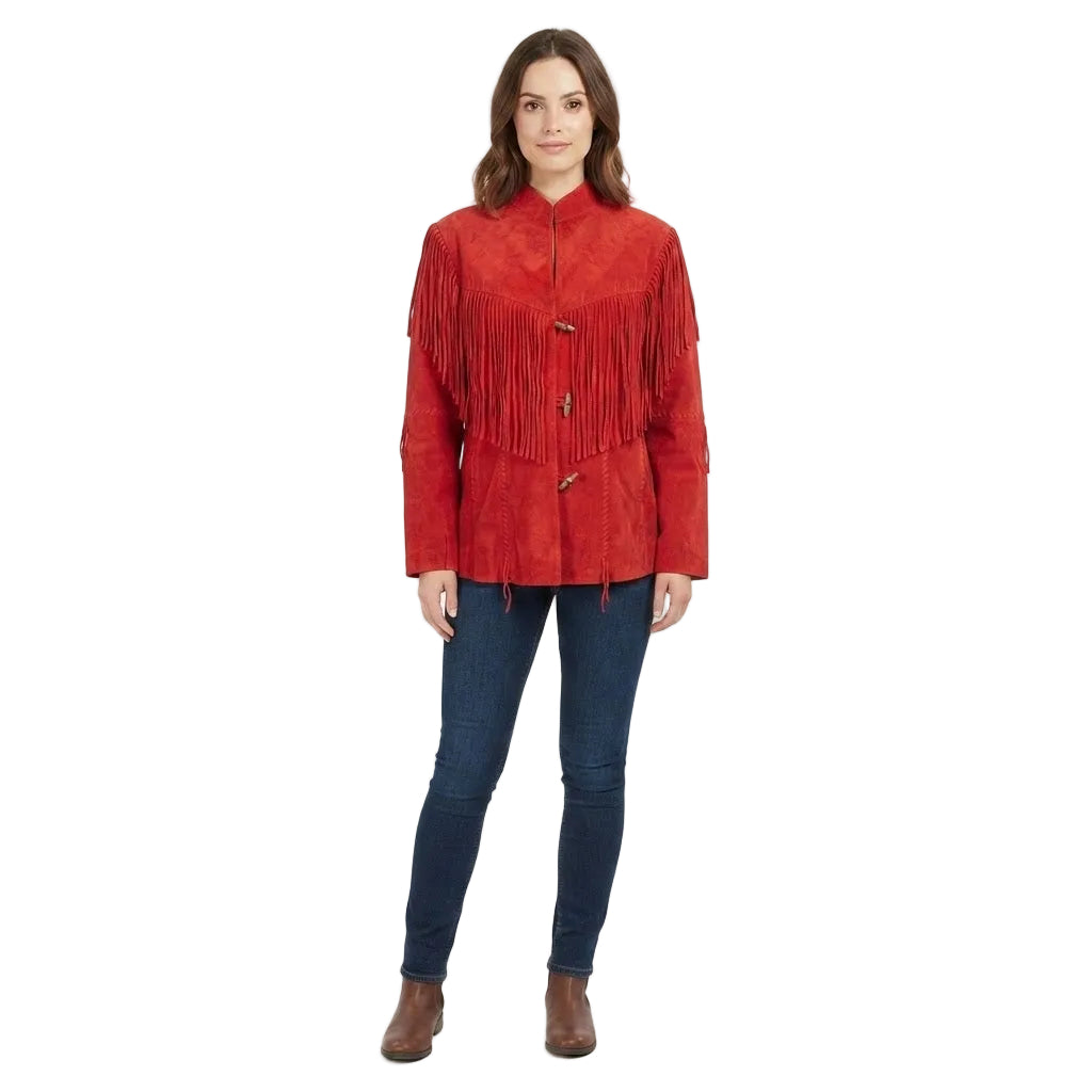 WOMAN WEAR A RED LEATHER JACKET WITH FRINGES ON WHITE BACKGROUND