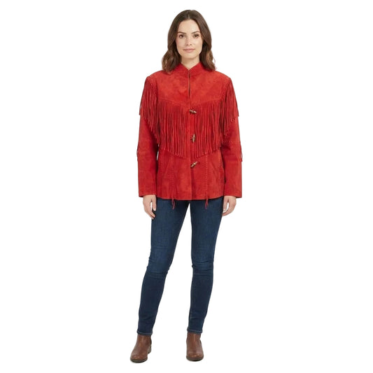WOMAN WEAR A RED LEATHER JACKET WITH FRINGES ON WHITE BACKGROUND