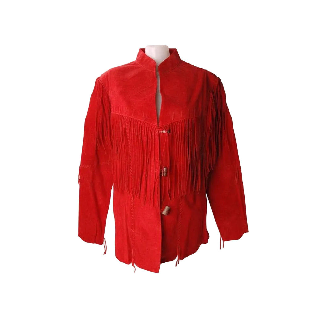 RED LEATHER JACKET WITH FRINGES ON WHITE BACKGROUND