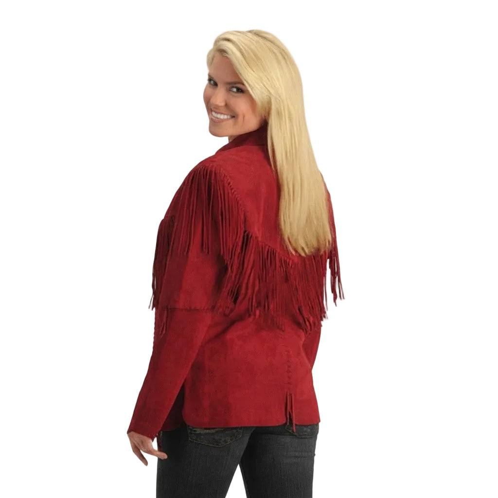 RED LEATHER JACKET WITH FRINGES ON WHITE BACKGROUND