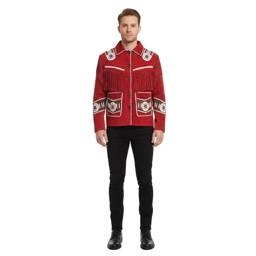 Man wearing a red fringed jacket with white accents on a white background