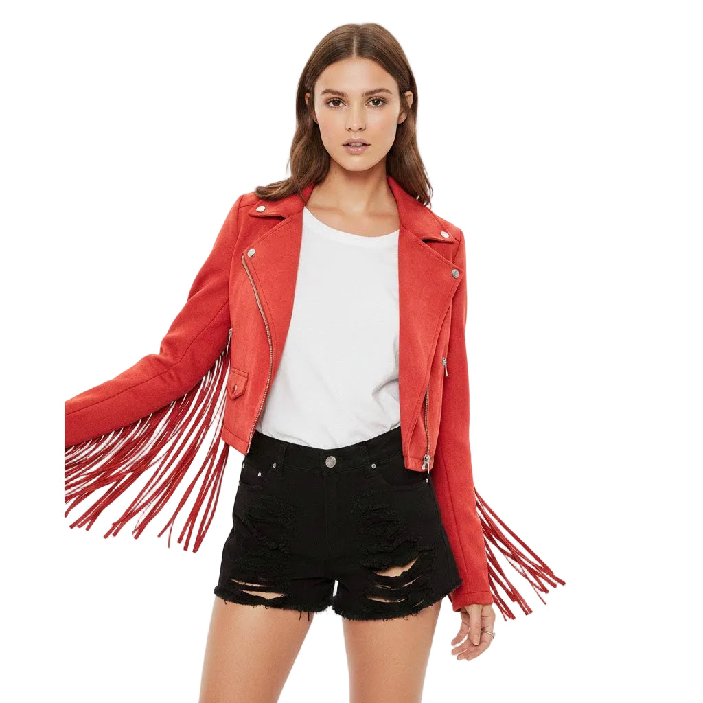 Woman wearing a red fringed jacket on a white background