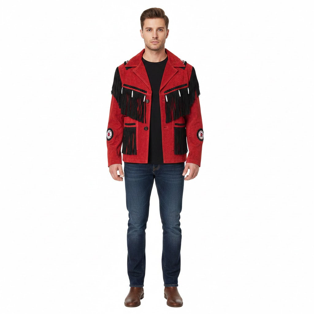 Man wearing a red jacket with black fringes on a white background