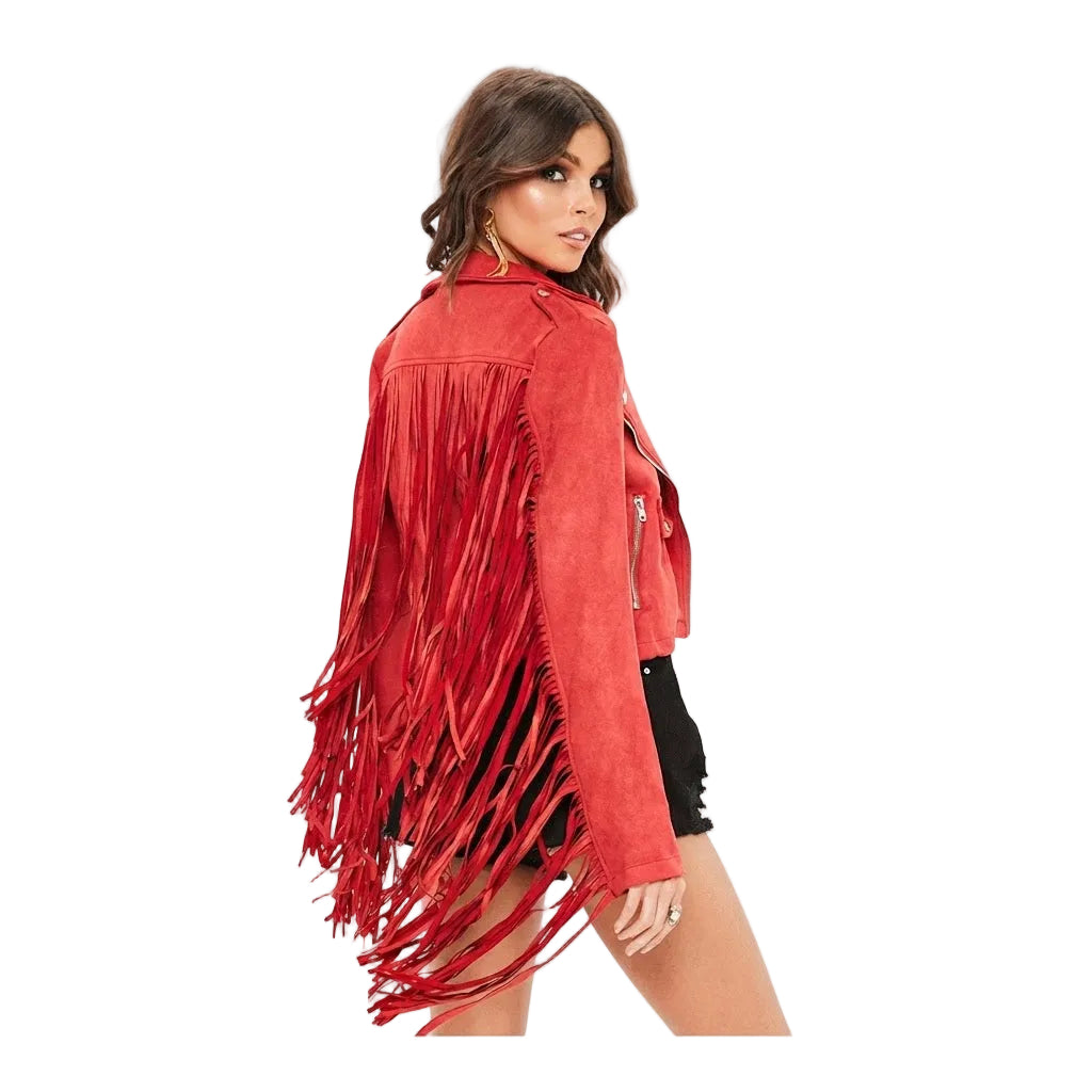 A RED LEATHER JACKET WITH FRINGES ON WHITE BACKGROUND