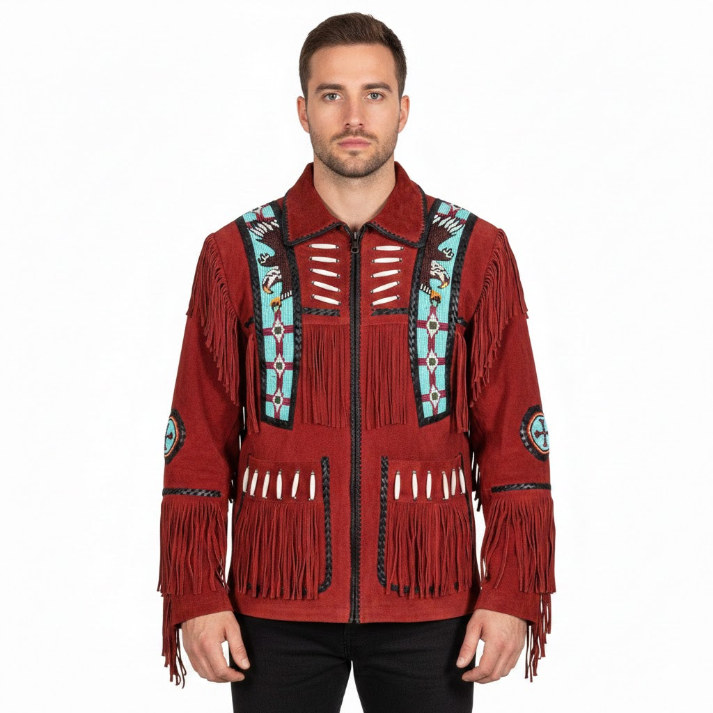 Man wearing a red fringed jacket with intricate designs on a white background