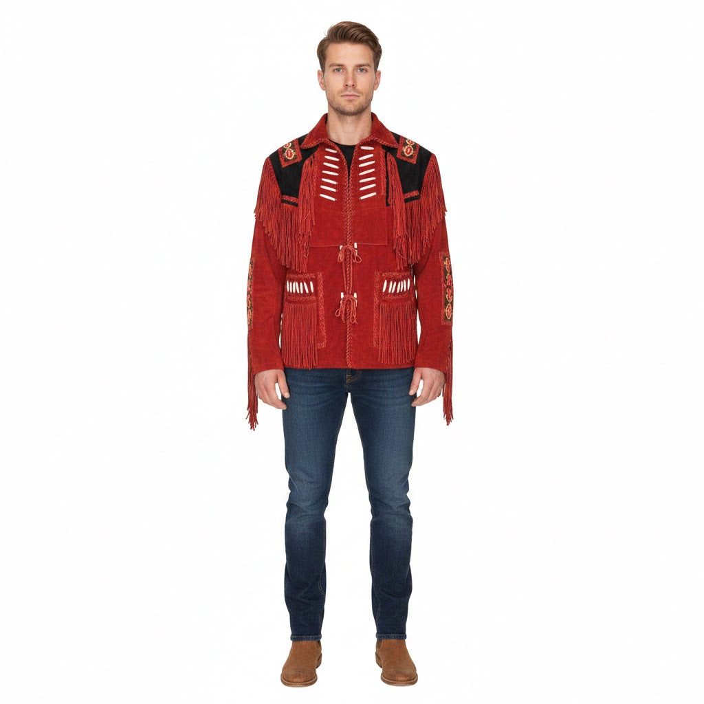 Man wearing a red fringed jacket on a white background