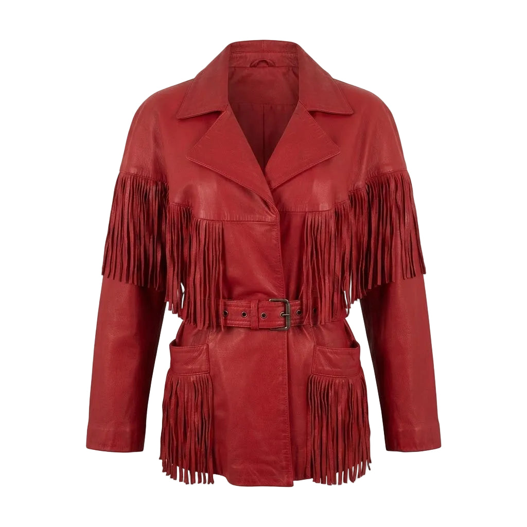  RED LEATHER JACKET WITH FRINGES ON WHITE BACKGROUND