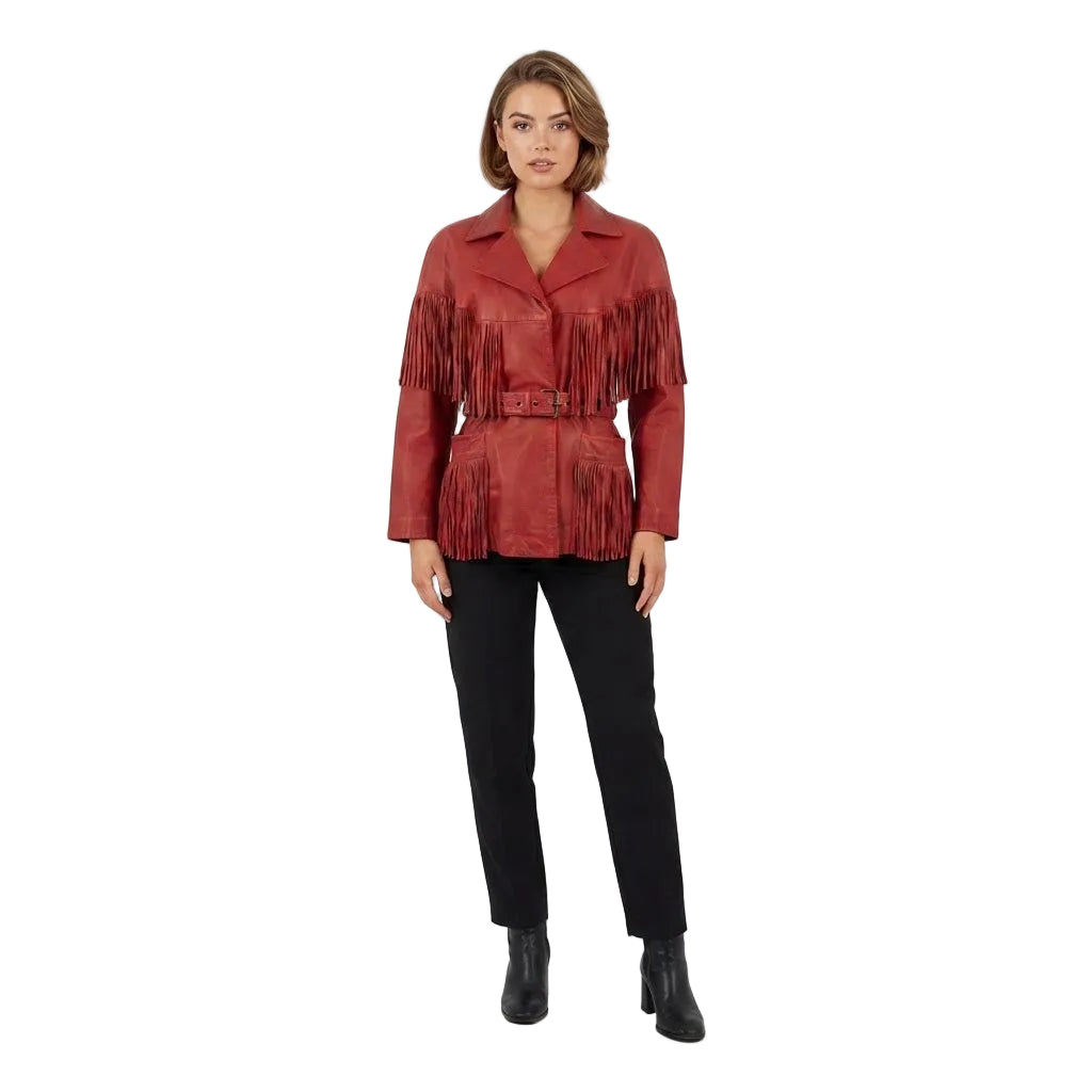 WOMAN WEAR RED LEATHER JACKET WITH FRINGES ON WHITE BACKGROUND