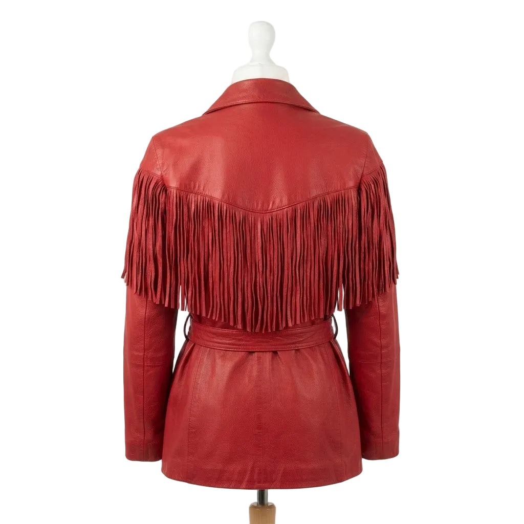  RED LEATHER JACKET WITH FRINGES ON WHITE BACKGROUND