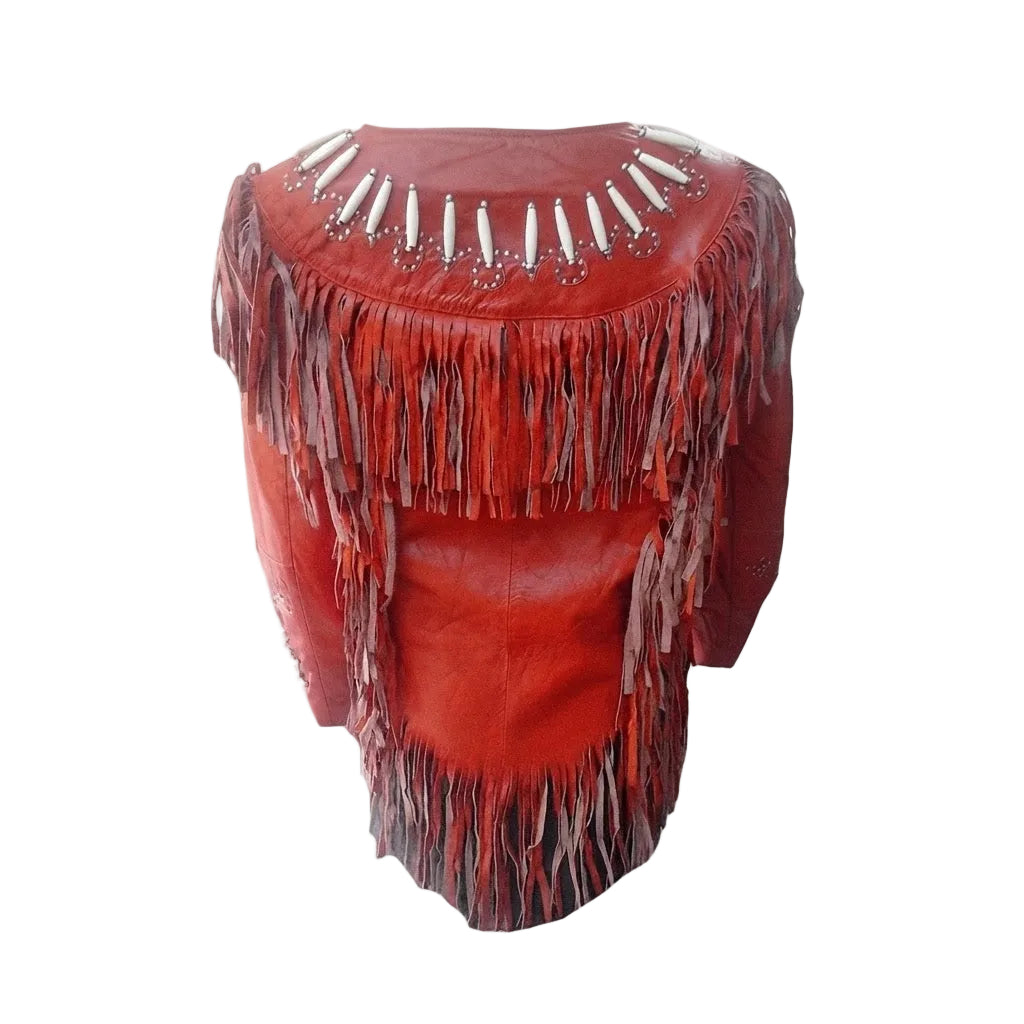 RED LEATHER JACKET WITH FRINGES ON WHITE BACKGROUND