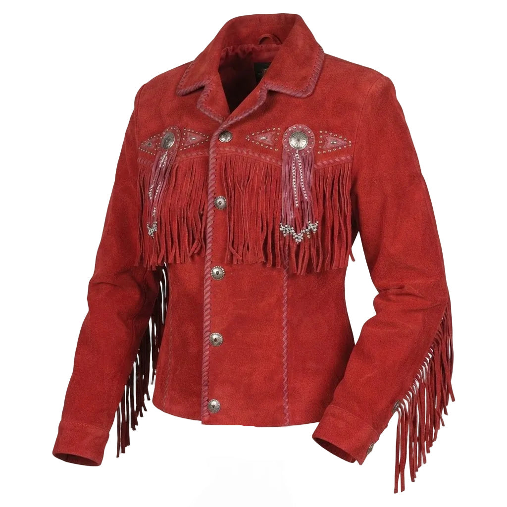  A RED SUEDE LEATHER JACKET WITH FRINGES ON WHITE BACKGROUND