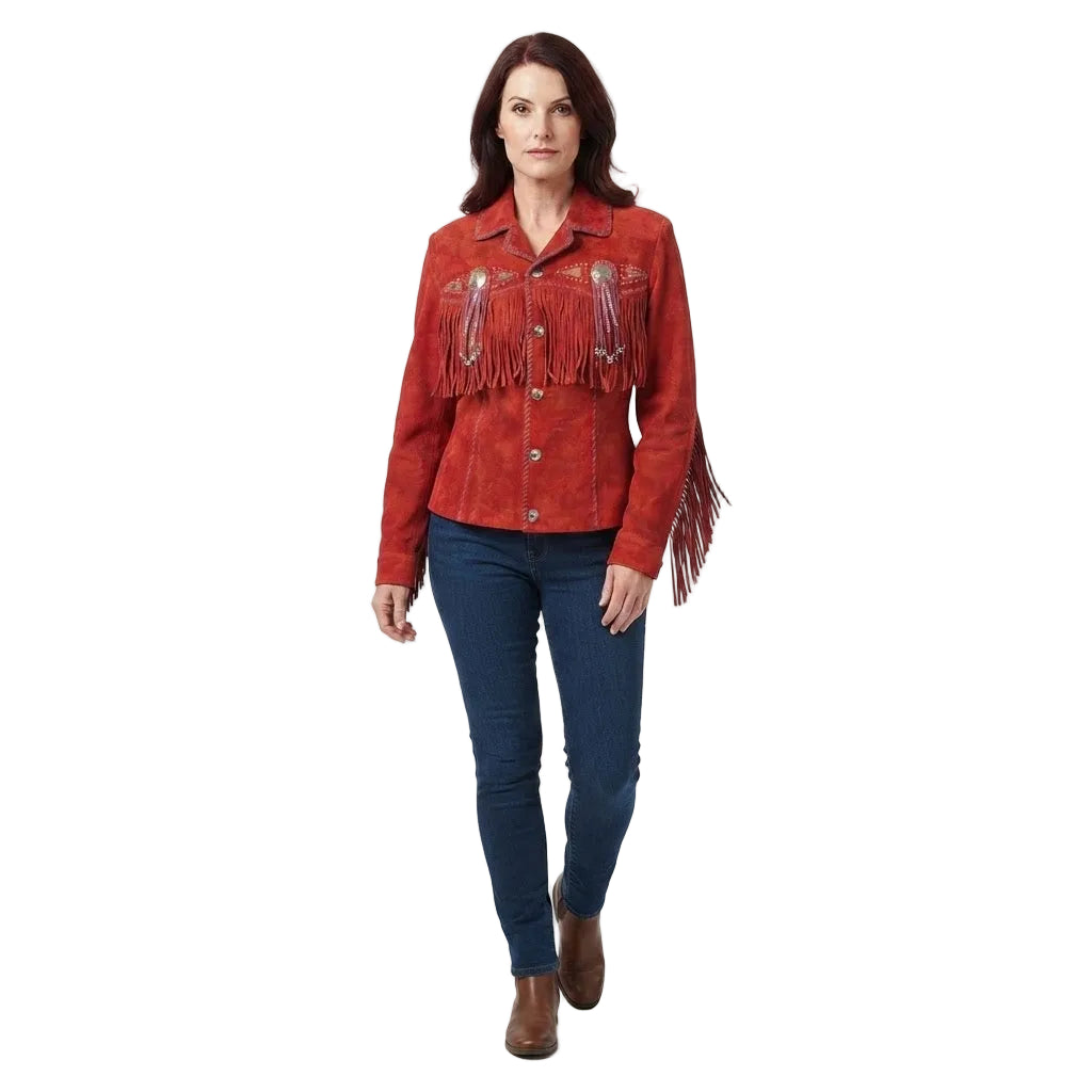 WOMAN WEAR A RED SUEDE LEATHER JACKET WITH FRINGES ON WHITE BACKGROUND