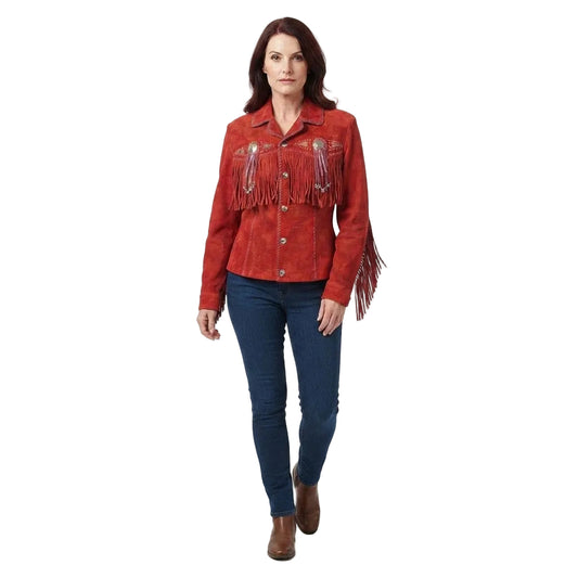 WOMAN WEAR A RED SUEDE LEATHER JACKET WITH FRINGES ON WHITE BACKGROUND