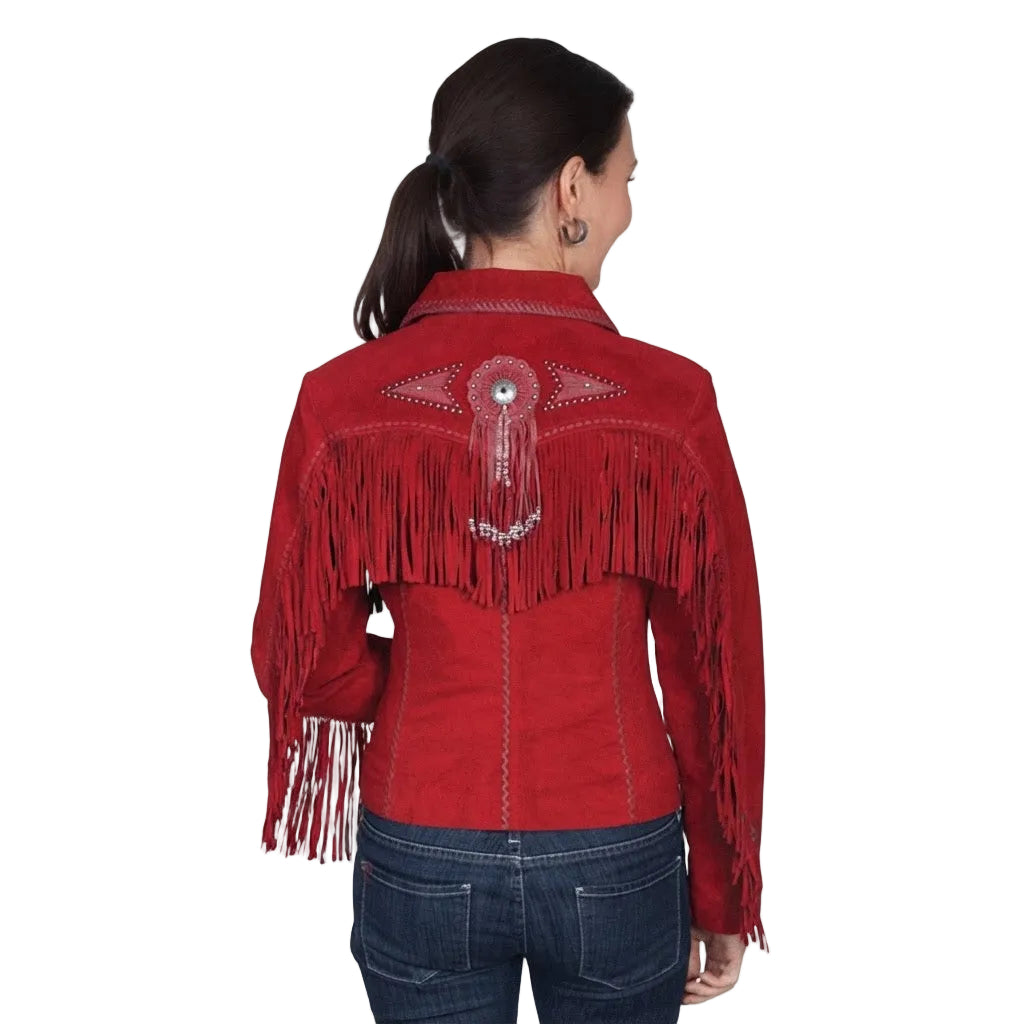  A RED SUEDE LEATHER JACKET WITH FRINGES ON WHITE BACKGROUND