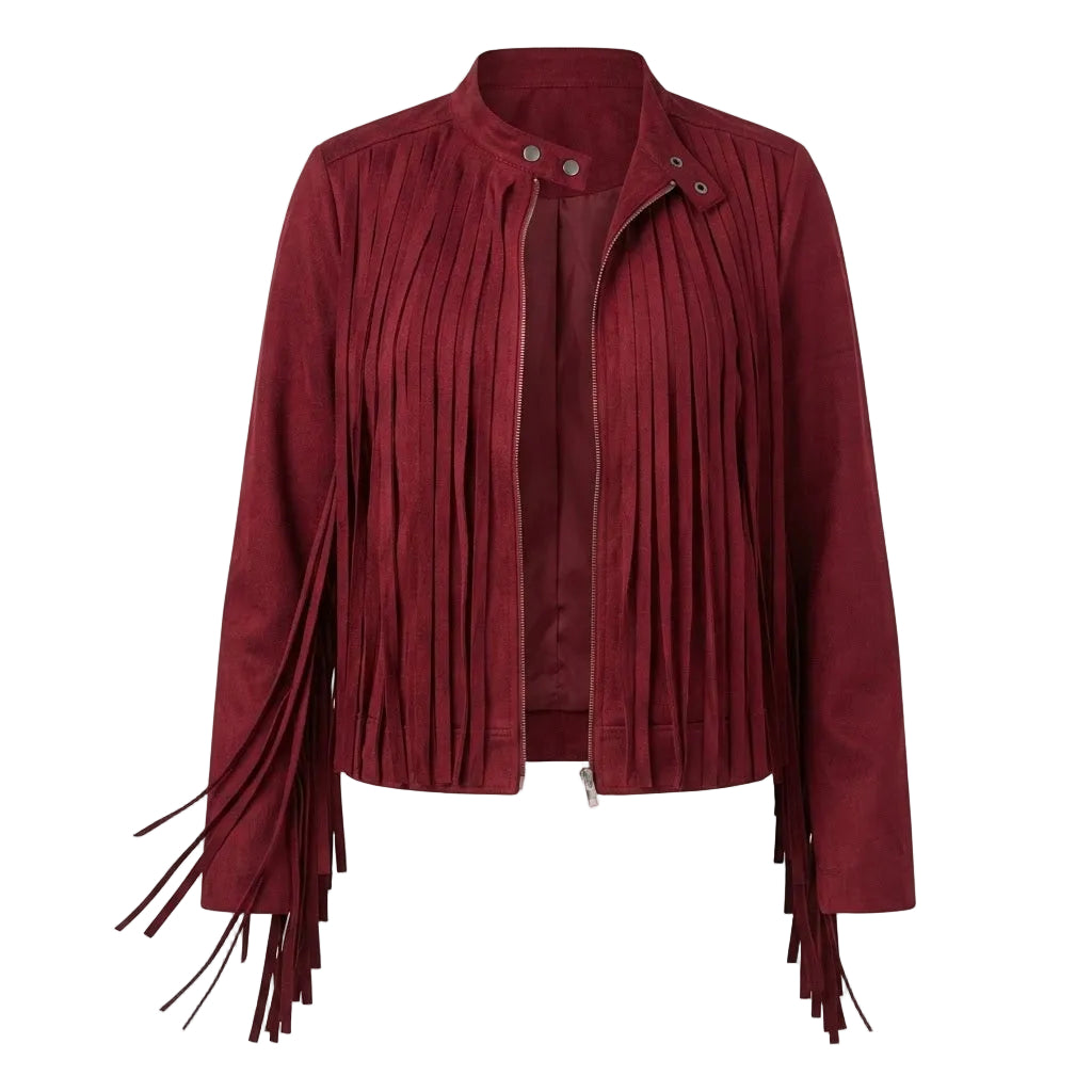 RED SUEDE JACKET WITH LONG FRINGES ON WHITE BACKGROUND