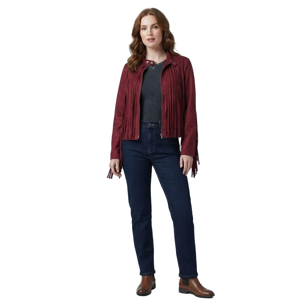 WOMAN WEAR A RED SUEDE JACKET WITH LONG FRINGES ON WHITE BACKGROUND