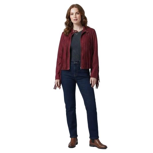 WOMAN WEAR A RED SUEDE JACKET WITH LONG FRINGES ON WHITE BACKGROUND
