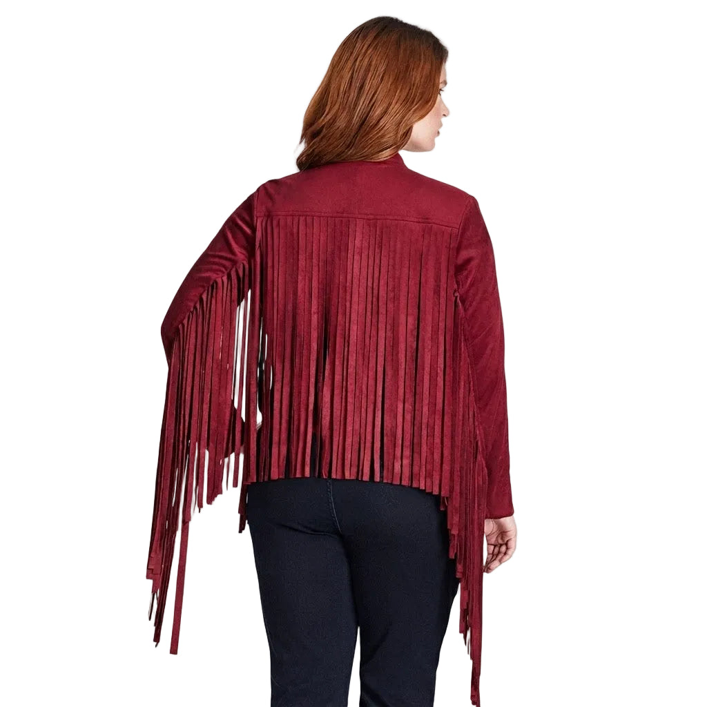 RED SUEDE JACKET WITH LONG FRINGES ON WHITE BACKGROUND
