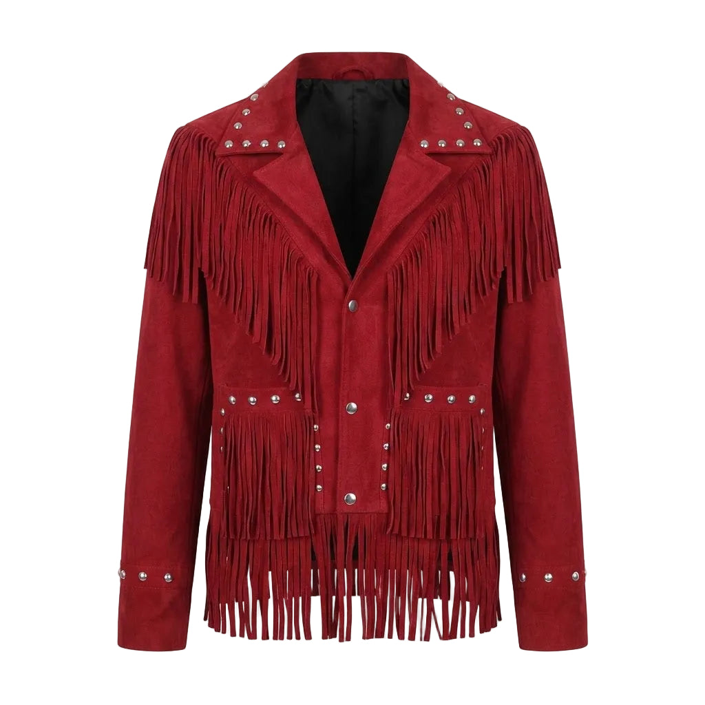A RED LEATHER JACKET WITH FRINGES ON WHITE BACKGROUND