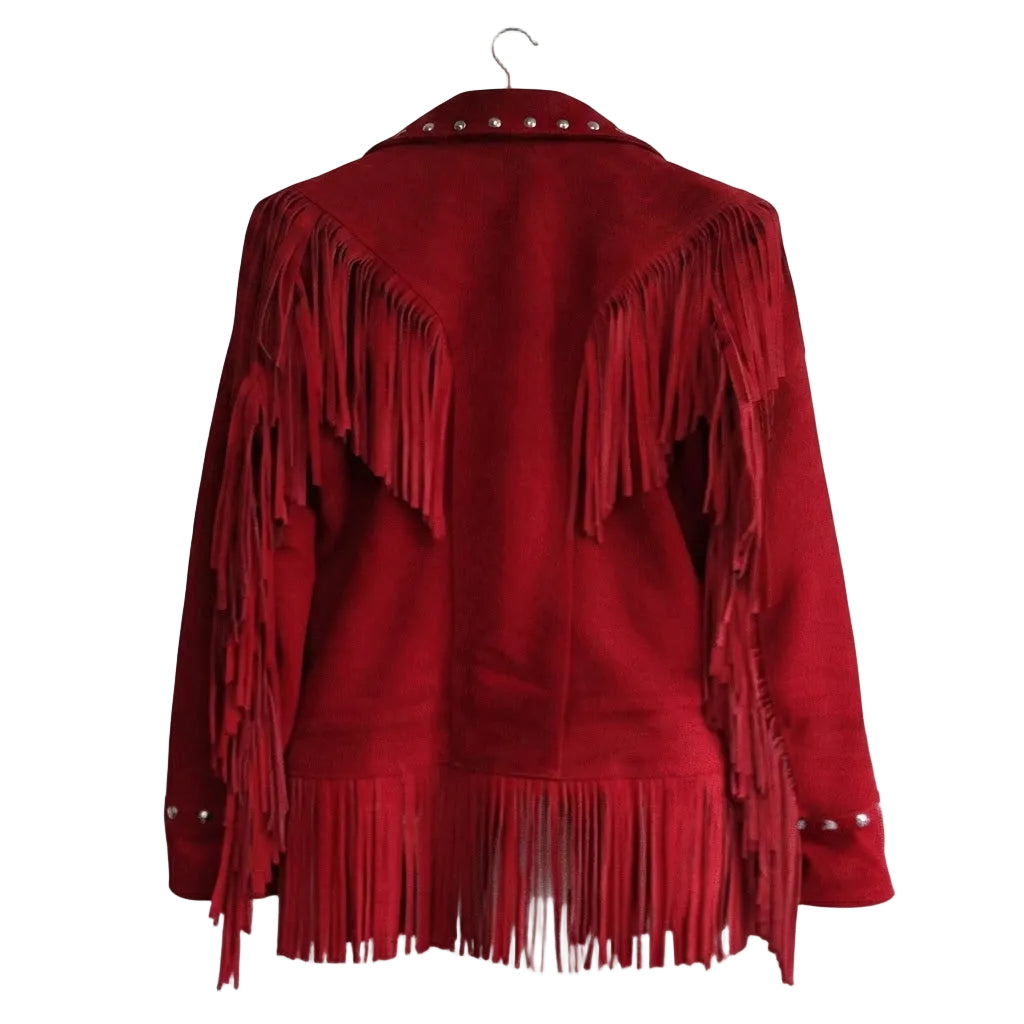 A RED LEATHER JACKET WITH FRINGES ON WHITE BACKGROUND