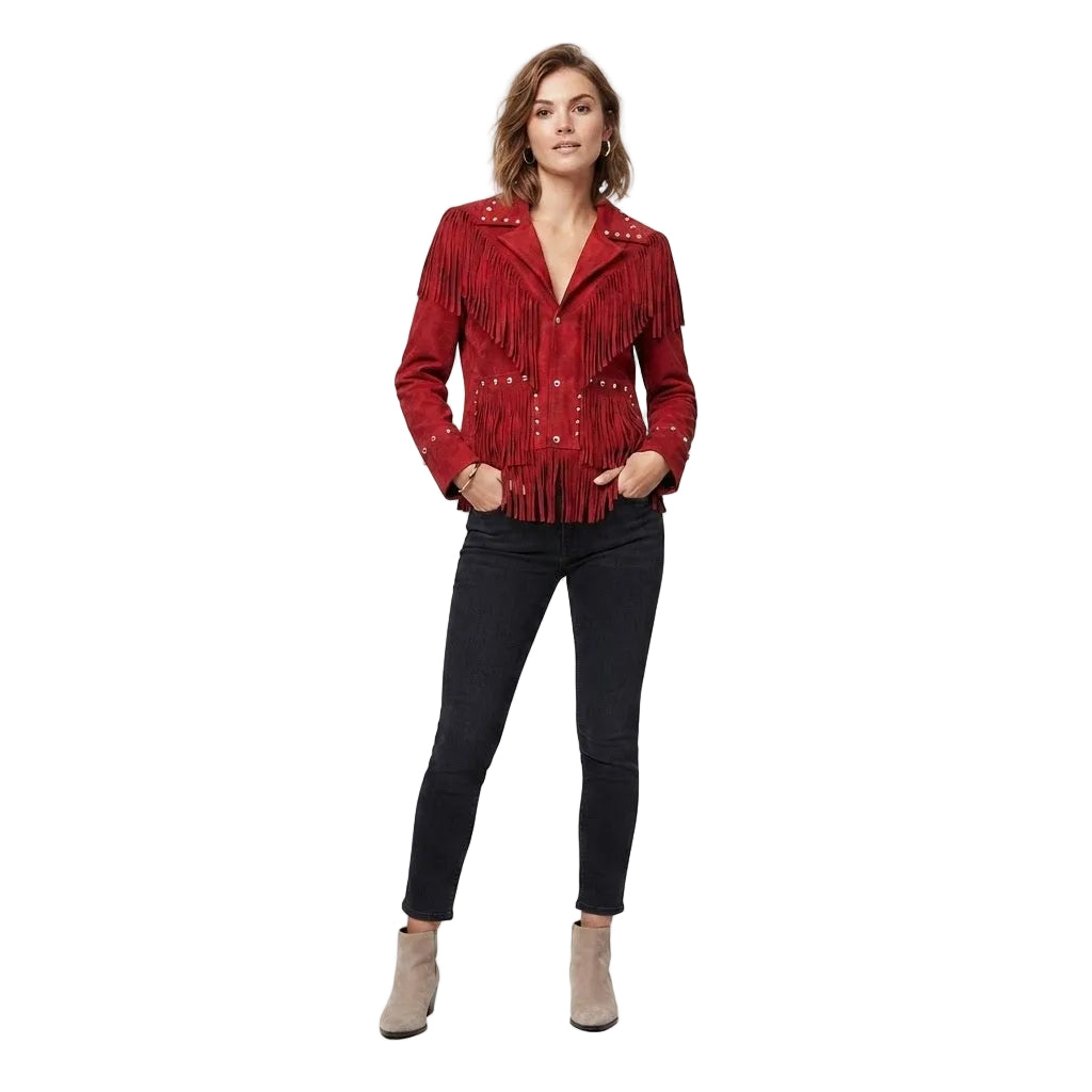 A WOMAN WEAR RED LEATHER JACKET WITH FRINGES ON WHITE BACKGROUND