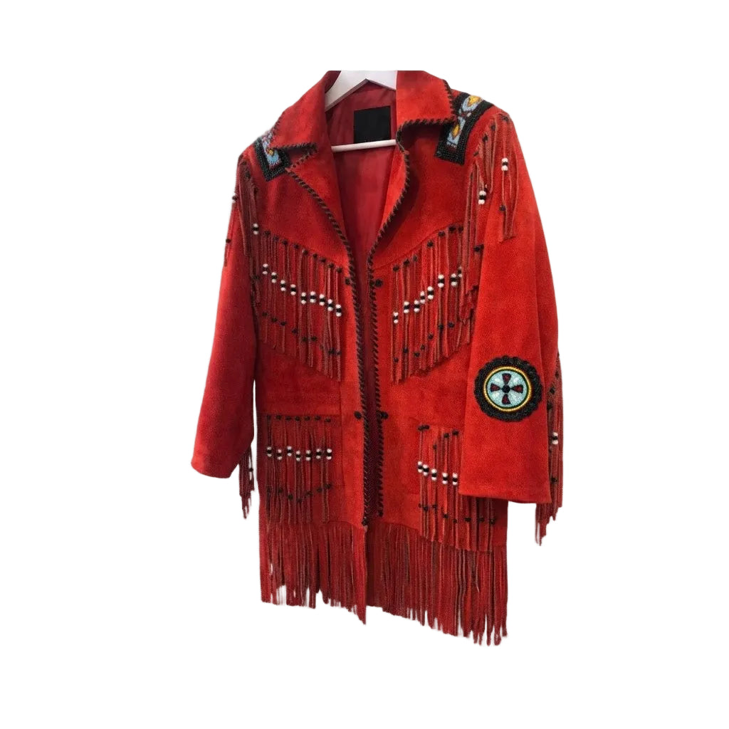  RED SUEDE LEATHER BEADED JACKET WITH FRINGES ON WHITE BACKGROUND