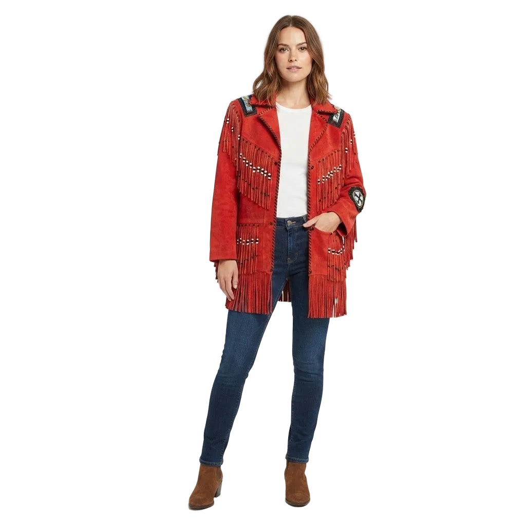 A PERSON WEAR RED SUEDE LEATHER BEADED JACKET WITH FRINGES ON WHITE BACKGROUND