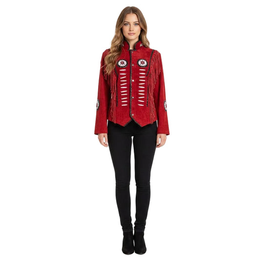 Woman wearing a red jacket with decorative elements on a white background
