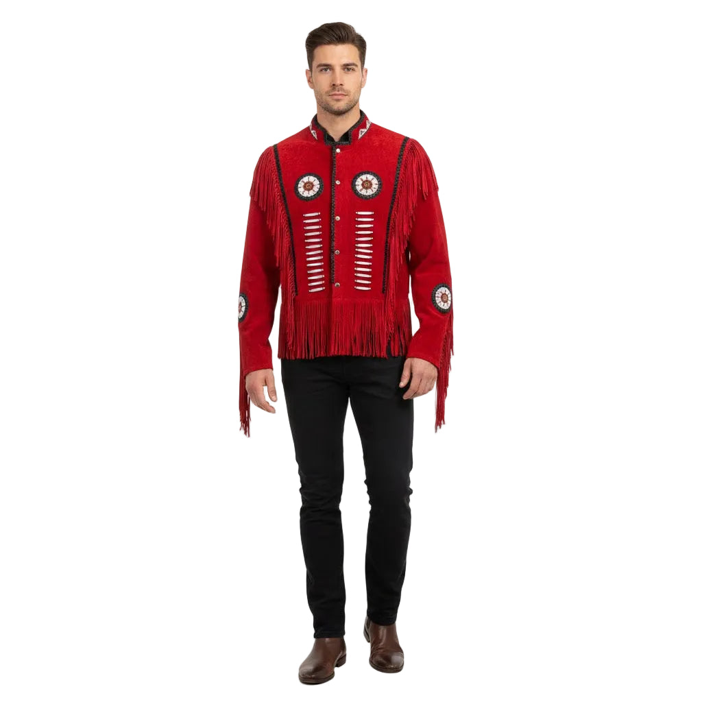Man wearing a red fringed jacket with patterns on a white background