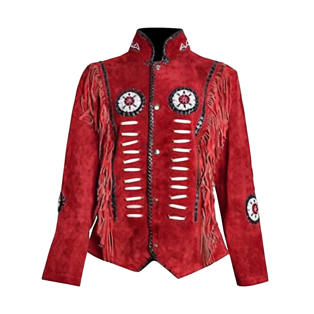RED LEATHER BEADED JACKET WITH FRINGES ON WHITE BACKGROUND