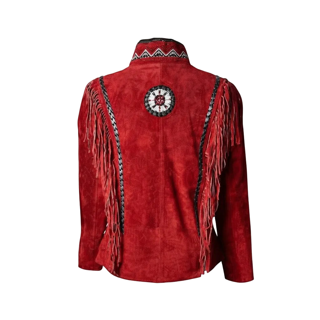 RED LEATHER BEADED JACKET WITH FRINGES ON WHITE BACKGROUND