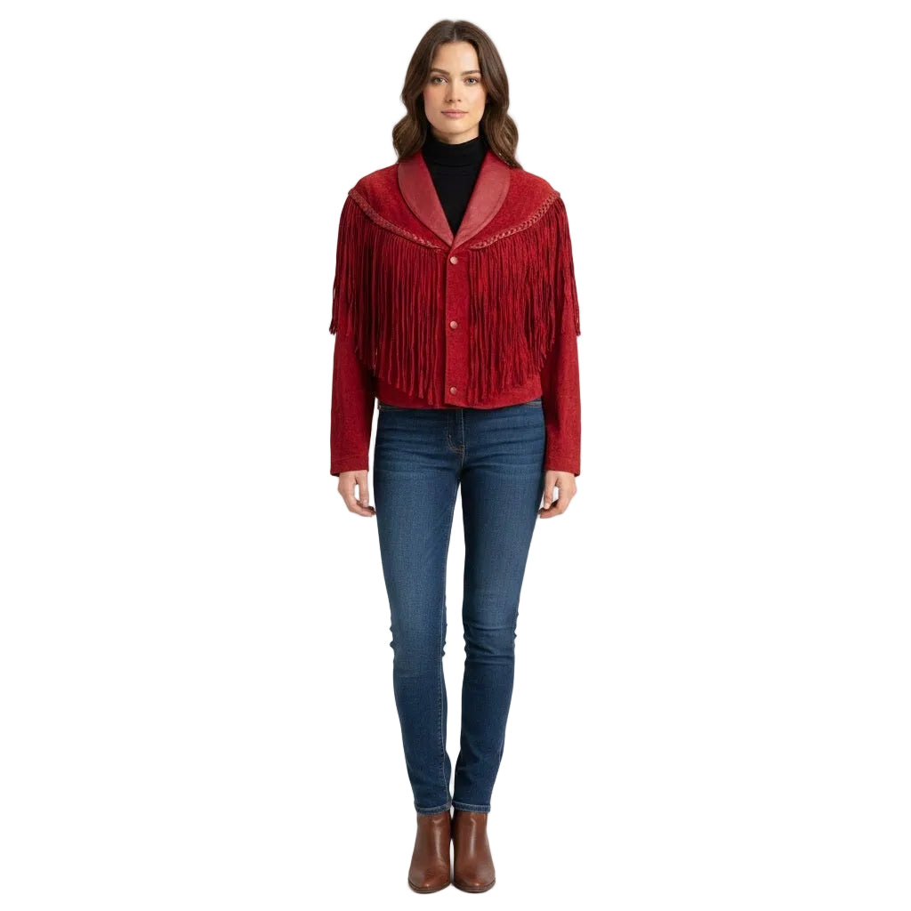 Woman wearing a red fringed jacket and blue jeans on a white background