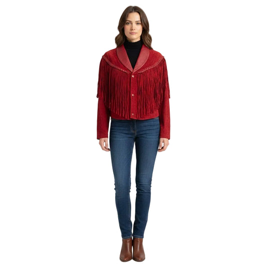 Woman wearing a red fringed jacket and blue jeans on a white background