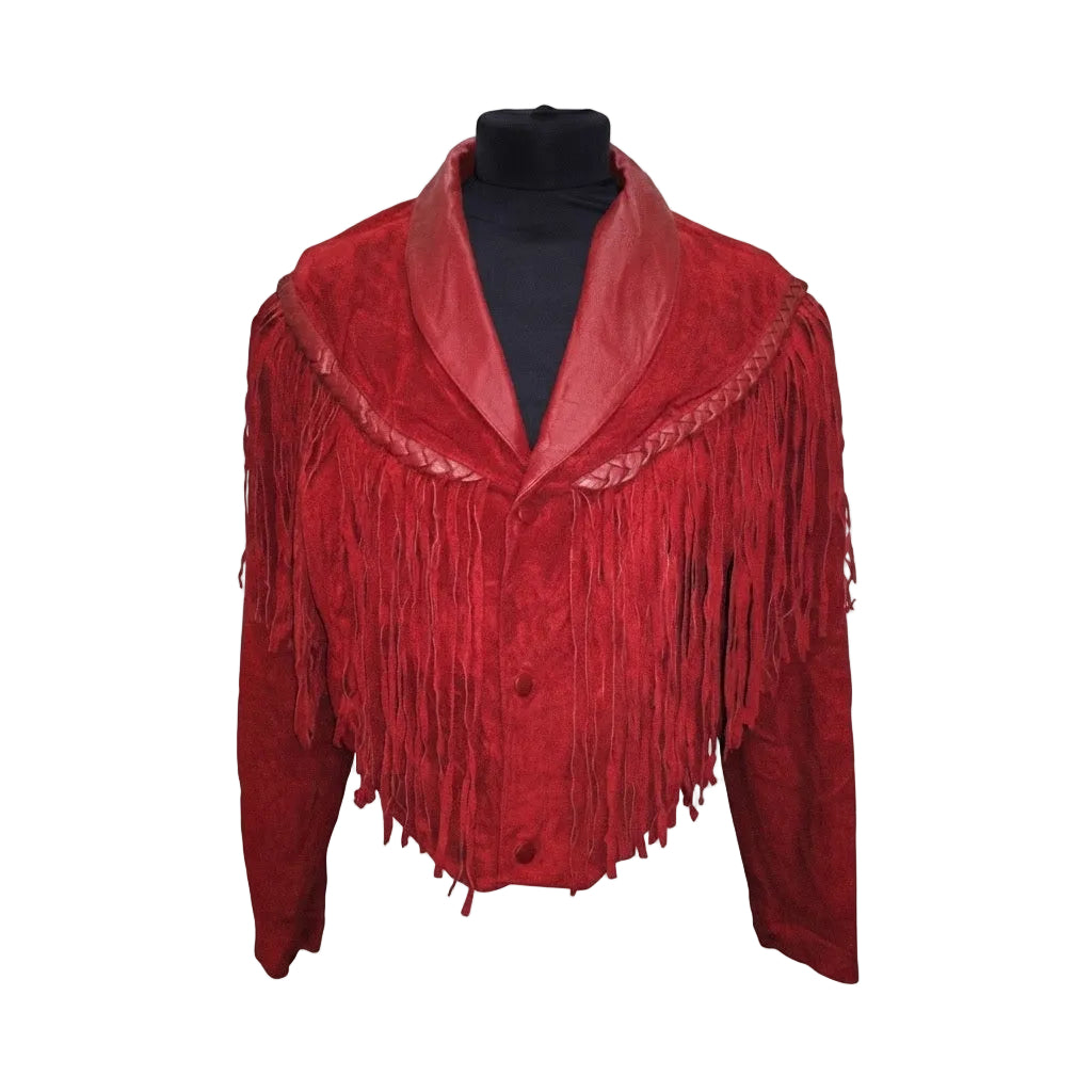 RED SUEDE LEATHER JACKET WITH FRINGES ON WHITE BACKGROUND