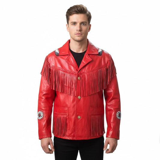 Man wearing a red leather jacket with fringes on a white background