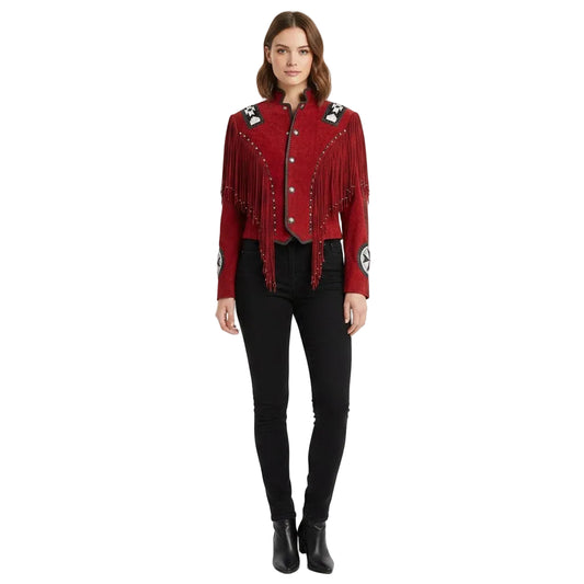 Woman wearing a red jacket with black pants on a white background