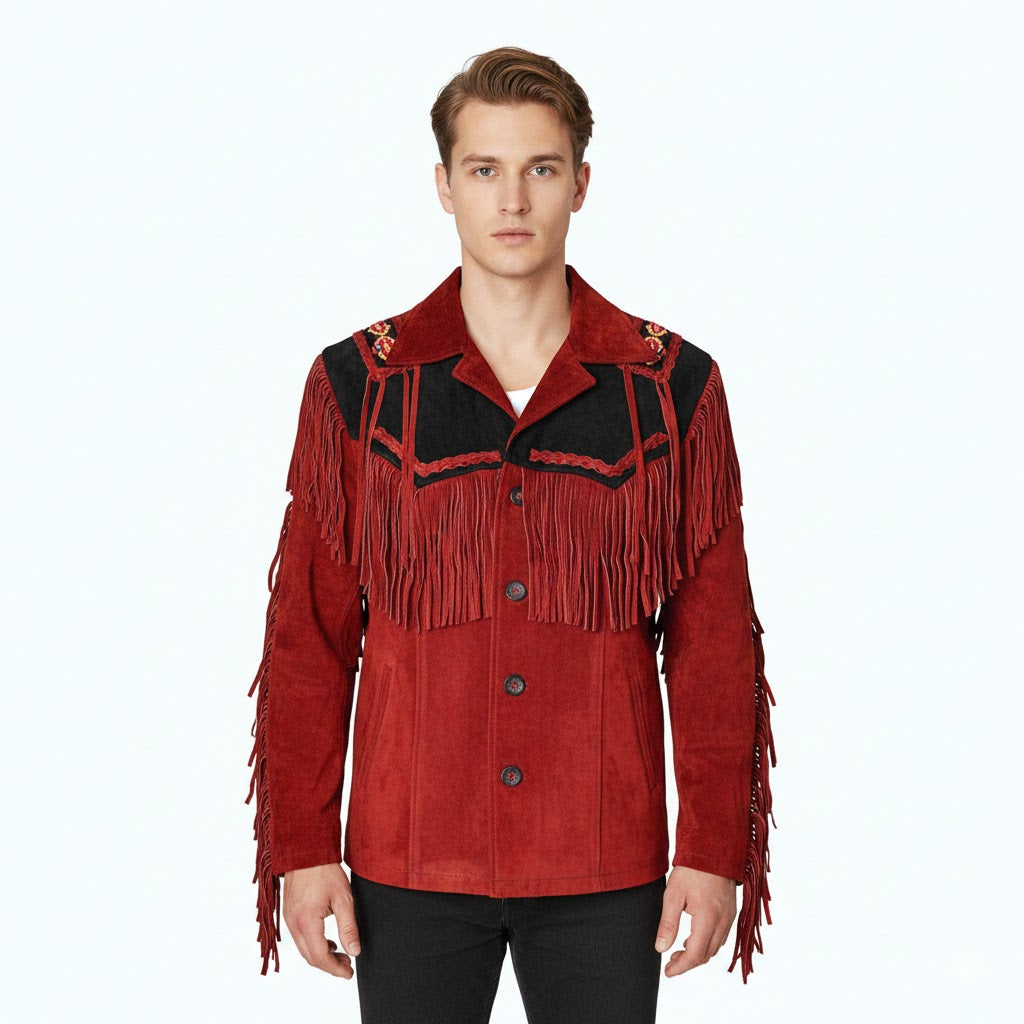 Red fringed jacket with black accents on a white background